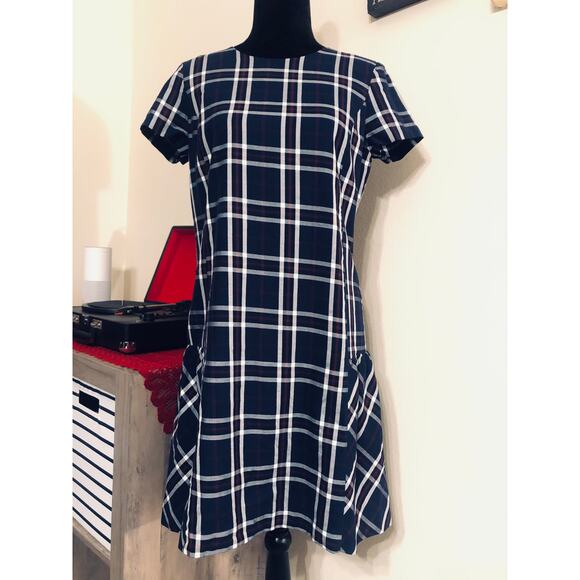 Halogen Blue Plaid Drop Waist Dress sz S - Picture 1 of 4